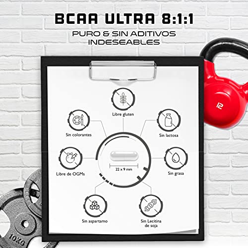 BCAA Ultra 8:1:1-320 Cápsulas - 1100 mg por cápsula - L-Leucina, L-Isoleucina, L-Valina - Alta dosis - Aminoácidos esenciales de cadena ramificada