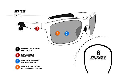 BERTONI Gafas Deportivas Fotocromaticas de Ciclismo Carrera Moto Running Esquí Envolventes a Prueba de Viento - Alien F Italy (Negro brillante)