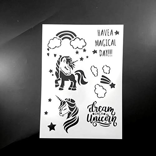 BLUGUL 9pcs A4 Plantillas de Dibujo, para Manualidades Decoración Pared Mueble Ventana Aerógrafo, Patrón Decorativo Bicicleta Unicornio Sirena Chica Cisne Invitación