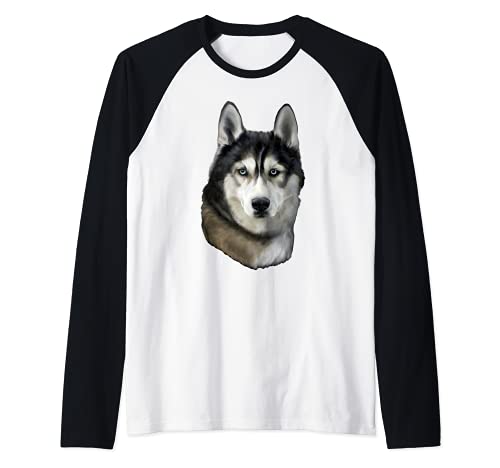 Cabeza de Perro Husky Negro Serio Camiseta Manga Raglan