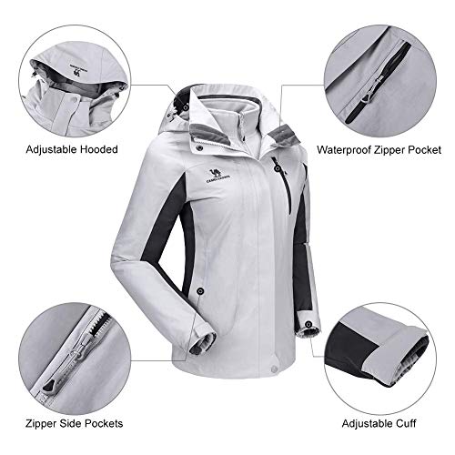 CAMEL CROWN Chaqueta Impermeable con Capucha para mujer A Prueba de Viento Chaqueta de Esquí con Forro Polar, Jacket Invierno para Montaña Cámping Viajes Snowboard Deportes (Gris Plateado, S (ES))