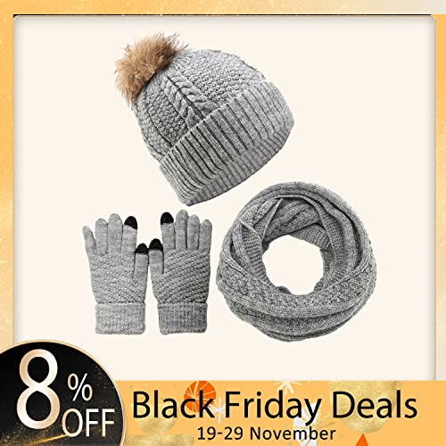 CheChury Gorro Bufanda Guantes Set de Invierno para Mujer Invierno Regalos Gorro Con Pompón de Punto Gorro de Punto Guantes de Pantalla Táctil Caliente Set de Bufanda de Cuello Moda,Gris,talla única