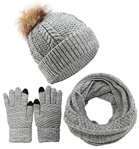 CheChury Gorro Bufanda Guantes Set de Invierno para Mujer Invierno Regalos Gorro Con Pompón de Punto Gorro de Punto Guantes de Pantalla Táctil Caliente Set de Bufanda de Cuello Moda,Gris,talla única