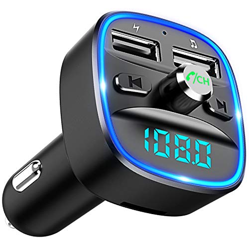 Cocoda Transmisor FM Bluetooth, [Luz de Anillo Azul] Manos Libres para Coche, Inalámbrico Reproductor MP3 Mechero Coche Adaptador Receptor con Dual USB 5V/2.4A & 1A, Soporte Tarjetas SD + U Disk