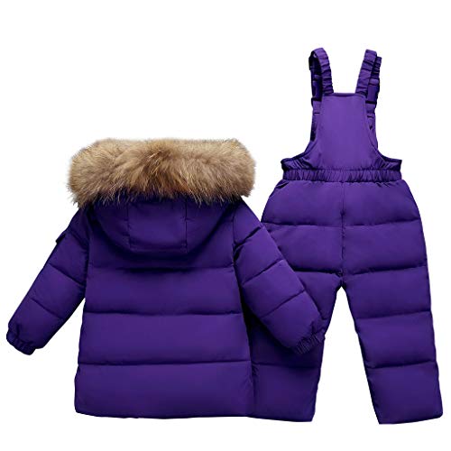 Conjunto de Esquí 2 Piezas Traje de Nieve - Chaqueta con Capucha + Pantalón de Esquí Niños Niñas Traje de Esquí Abrigos de Pluma Pantalones de Nieve de Babero Impermeable, Púrpura 4-5 Años