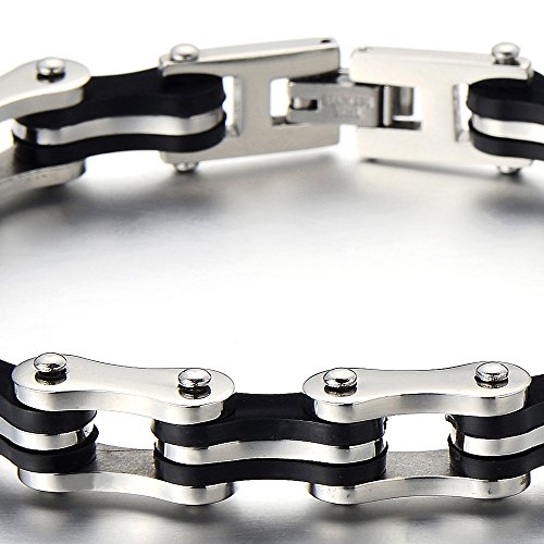 COOLSTEELANDBEYOND Masculino Pulsera de Hombre, Brazalete de Acero, Bike Chain, Cadena Bici, Color Negro Plata, con Caucho Negro