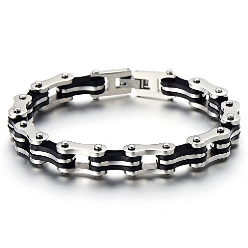 COOLSTEELANDBEYOND Masculino Pulsera de Hombre, Brazalete de Acero, Bike Chain, Cadena Bici, Color Negro Plata, con Caucho Negro