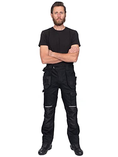 DINOZAVR Flex Pantalones de Trabajo elásticos Estilo Cargo para Hombre - Resistentes, con Bolsillos multifuncionales para Rodilleras y Franjas Reflectantes - Negro - EU52