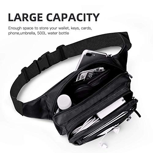 Freetoo Riñonera de Marcha Riñonera Casual Bumbag Multifuncional con 5 Bolsillos con Cremallera Para Móvil Para Viaje Senderismo y Actividades Al Aire Libre Para Mujeres y Hombres Ajustable (Negro)