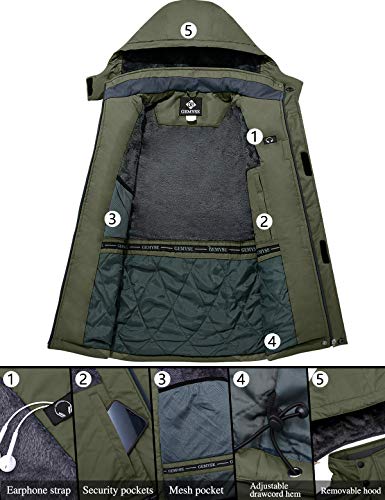 GEMYSE Chaqueta de Esquí Impermeable de Montaña para Hombre Abrigo de Invierno de Lana Antiviento con Capucha (Ejército Verde Gris,XXL)