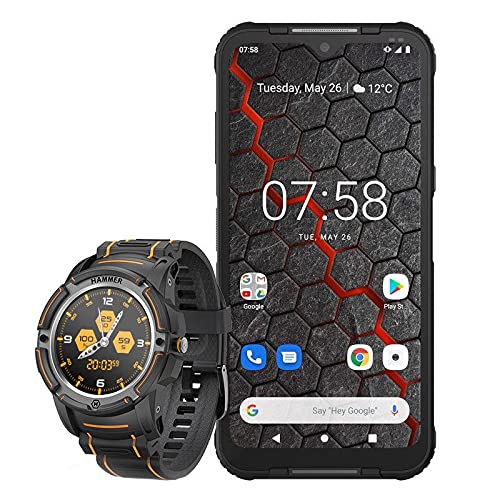 Hammer H Blade 3, Pantalla 6.2" IPS, cámara 48MP, Smartphone de estándar Militar, batería 5000 mAh, eSIM, NFC + Hammer Watch Smartwatch, Reloj Inteligente Impermeable IP68, Mega batería 440 mAh, Negro