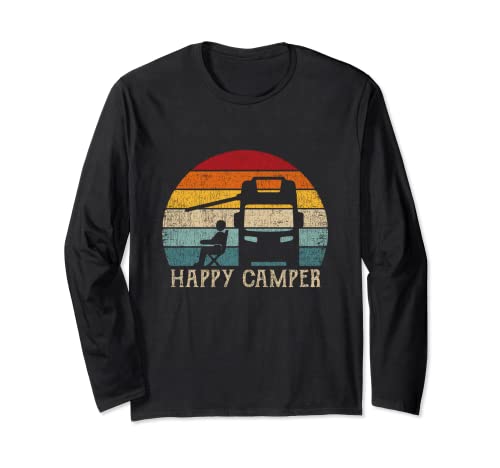 Happy Camper RV Camping Shirt Hombres Mujeres Retro Sun 70s Manga Larga