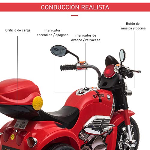 HOMCOM Moto Triciclo Eléctrico para Niños de +18 Meses Moto Eléctrica Infantil con 3 Ruedas Batería 6V con Botón de Música Bocina Luces y Maletero 87x46x54 cm Rojo