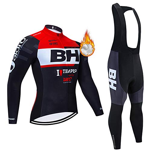 Invierno Hombre Maillot Ciclismo Mangas Largas, Conjunto Ropa Ciclismo con Forro Térmico y Pantalones Ciclismo Largos con Acolchado 3D para Deportes al Aire Libre