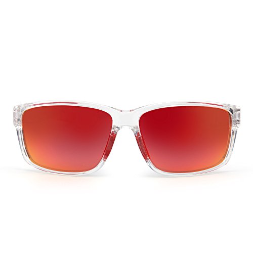 JIM HALO Polarizadas Deporte Gafas de Sol Espejo Envolver Alrededor Conducir Pescar Hombre Mujer(Transparente/Rojo)