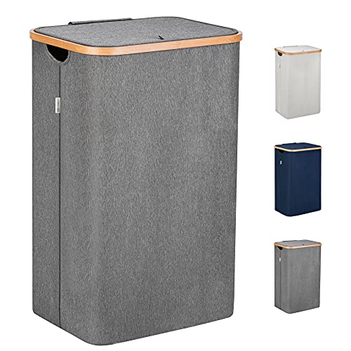 Lonbet - Cesto Ropa Sucia con Tapa Gris - XXL 100 litros - Cubo Ropa Sucia Grande con Asas - Cesto para la Colada - Cesto Ropa Sucia de Bambú