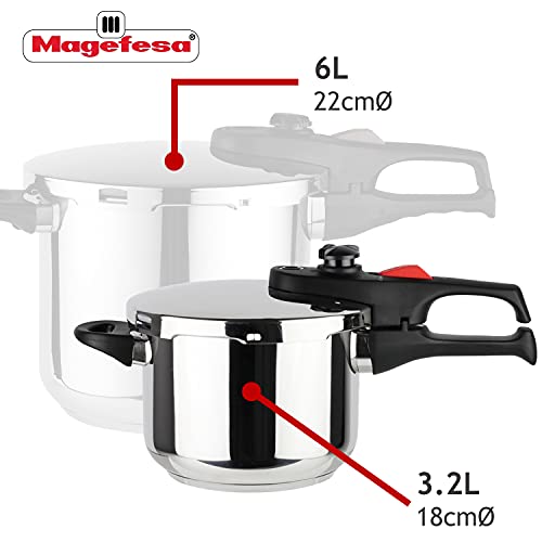 MAGEFESA PRACTIKA Plus COMPLET Olla a presión Super rápida de fácil Uso, Acero Inoxidable, Apta para cocinas inducción. Fondo Termo difusor, Pack Exclusivo Olla + Junta Extra + Tapa DE Cristal (3,2L)