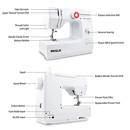 Máquina de coser para principiantes con DVD instructivo, 53 piezas accesorios, 20 costuras incorporadas, MEGLE FHSM-618.