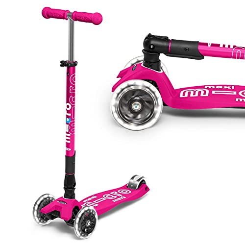 Micro® Maxi Deluxe Plegable LED, Patinete 3 Ruedas, 5-12 Años, Peso 2,5kg, Carga Máx 70Kg, Altura 67-91 cm, Plataforma Antideslizante Polipropileno (Flexible, Alta Resistencia) (Rosa)