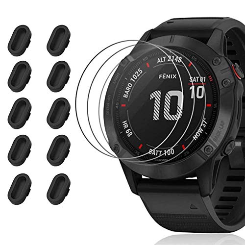 Miimall Protectora de Pantalla para Garmin Fenix 6X/ 6X Pro/ 6X Pro Solar con Tapón de Polvo, Alta Definición Película Vidrio Templado y Tapones Antipolvo para Garmin Fenix 6X - Negro