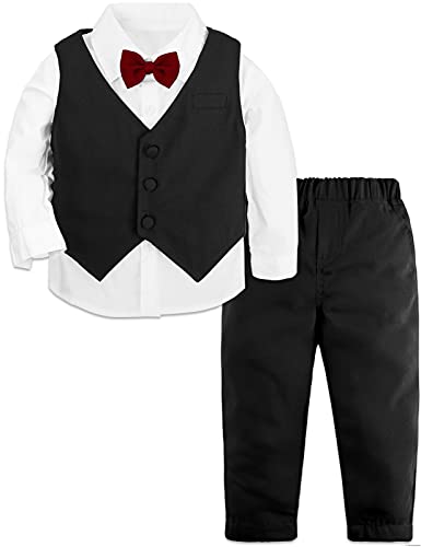 mintgreen Trajes para Niños de Boda, 3 Piezas Bebé Bautizo Atuendo Cumpleaños Hidalgo Conjunto de Ropa Mangas Largas Camisa + Chaleco + Pantalón + Pajarita, Negro Sólido, 2-3 años