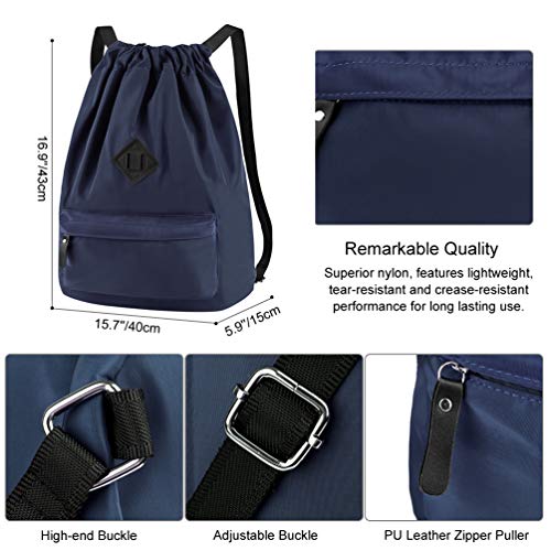 Mochila Cuerda Mujer Bolsa Hombre - Mochilas de Tela Cuerdas Bolso con Cordon Deporte Talega Saco para Playa Gimnasio Deportiva Yoga Adulto Unisex Grande Gymsack con Bolsillo (Azul Marino)