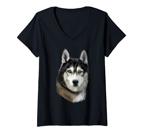 Mujer Cabeza de Perro Husky Negro Serio Camiseta Cuello V