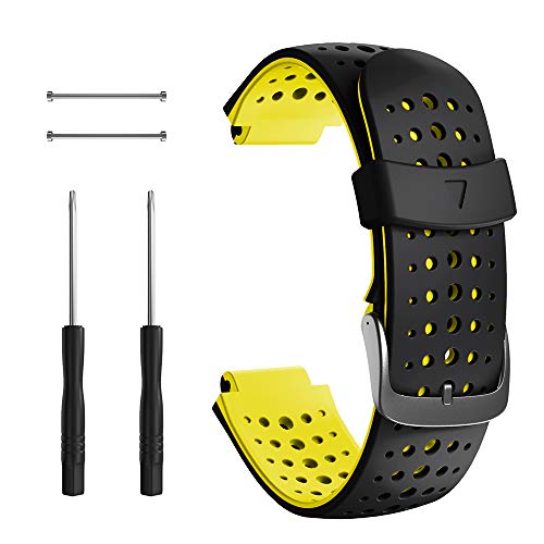 NotoCity Correa para Garmin Forerunner 235, Correa de Reloj de Silicona Suave Compatible con Garmin Forerunner 235/220/230/620/630/735 XT (Negro+Amarillo)