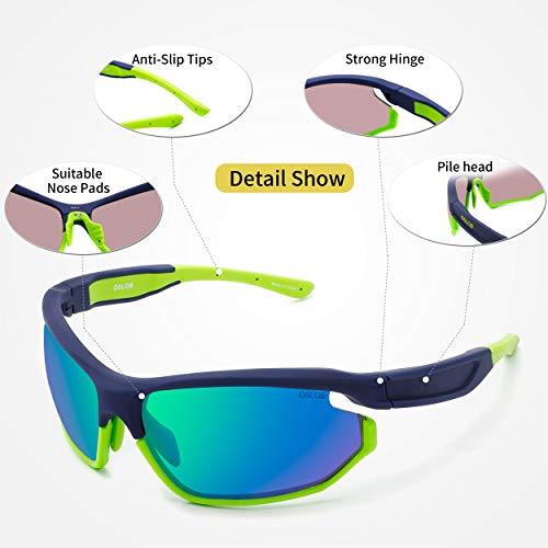 OSLOB Gafas De Sol Deportivas Para Hombres Y Mujeres, Lentes De Policarbonato Que Se Aplican Al Ciclismo, Conducción, Pesca, Correr Con Protección UV, Gafas De Sol ST011 |Azul Marino/Verde|70-17-135