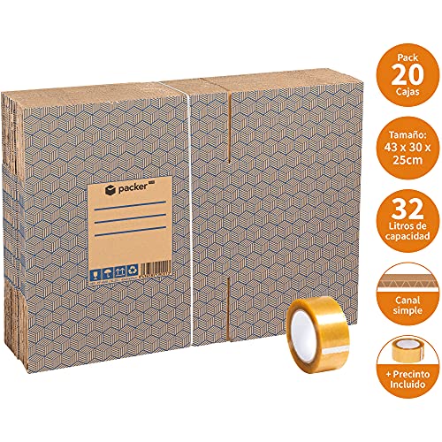 packer PRO Pack 20 Cajas Carton Mudanza y Almacenaje Ultra Resistentes con Asas y Cinta Adhesiva 430x300x250mm