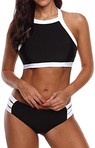 PANOZON Trajes de baño de Las Mujeres Halter Beach Trajes de baño Bikini (XL, 1Negro Blanco)