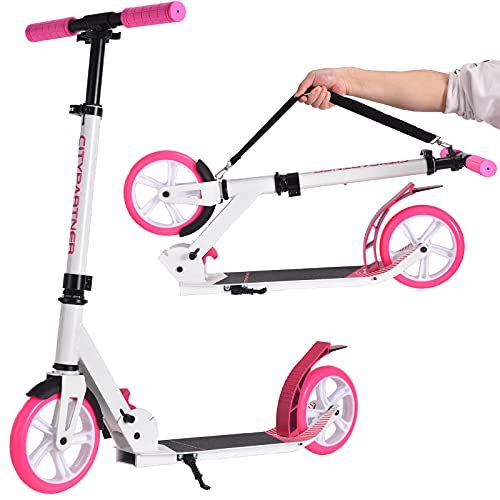 Patinete City Roller plegable y altura regulable para adultos, Big Wheel Scooter Cityroller con doble suspensión y correa de transporte, patinete para niños a partir de 12 años hasta 100 kg (rosa)