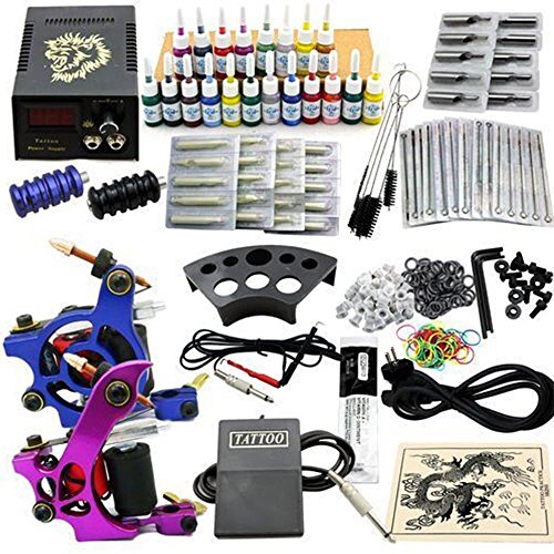 PRIT2016 Tattoo Kit 2 maquinas de Tatuaje con 20 tintas de Color y Fuente de alimentacion