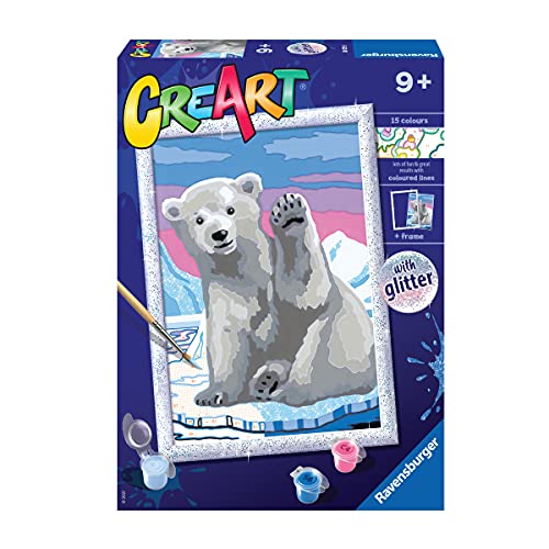 Ravensburger, CreArt, Hola Oso Polar, Kit de Pintura, Pintar por Números, Juego Creativo para Niños y Niñas, 2 Pinceles y 1 Marco, Edad Recomendada 9+