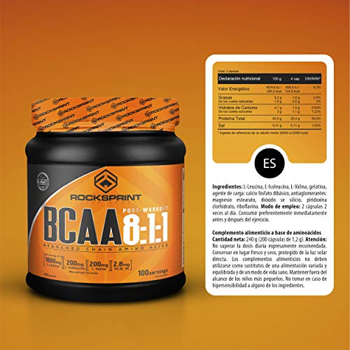 ROCKSPRINT | BCAA EN CAPSULAS | Aminoácidos Esenciales y Vitaminas B | BCAA 8:1:1 | 200 caps