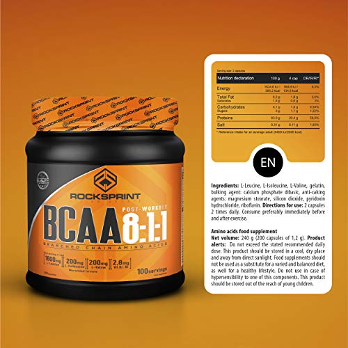 ROCKSPRINT | BCAA EN CAPSULAS | Aminoácidos Esenciales y Vitaminas B | BCAA 8:1:1 | 200 caps