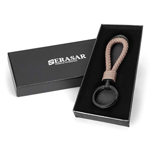 SERASAR Llavero de Cuero con Anilla de Acero Inoxidable - Anillas Adicionales para Llaves Pequeñas - Ideal para Llaves de Coche, Motocicleta, Bicicleta y Casa - Con Caja de Regalo para Hombre y Mujer