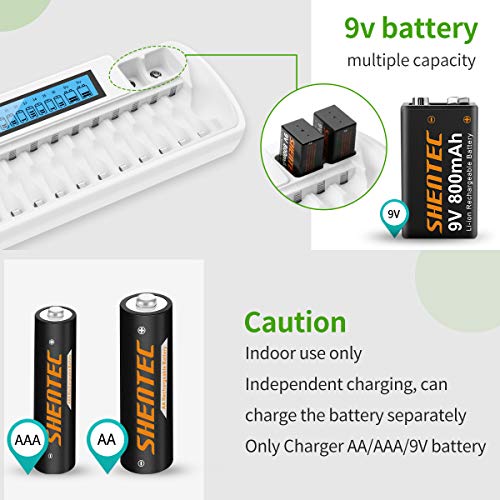 Shentec Cargador de Pilas AA AAA Ni-MH y 9V Ni-MH Li-Ion Cargador de batería Recargable,con LCD Inteligente y 18 Ranuras Recargue Mixto o Individual