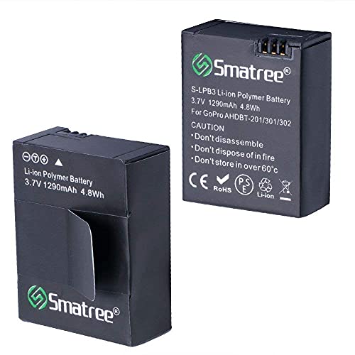 Smatree Batería de Alta Capacidad 1290mAH (paquete de 2) para GoPro HERO 3+, HERO 3, GoPro AHDBT-201 / AHDBT-301 / AHDBT-302