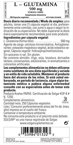 Solgar L-Glutamina de 500 mg - Envase de 250 Cápsulas