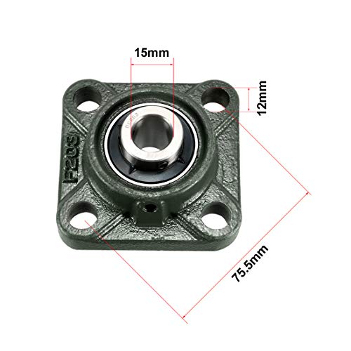 sourcing map UCF202 Rodamiento de Bloque de Almohadilla de Brida cuadrada de 15mm de diámetro interior hierro fundido y acero al cromo con tornillo de bloqueo (Pack de 2).