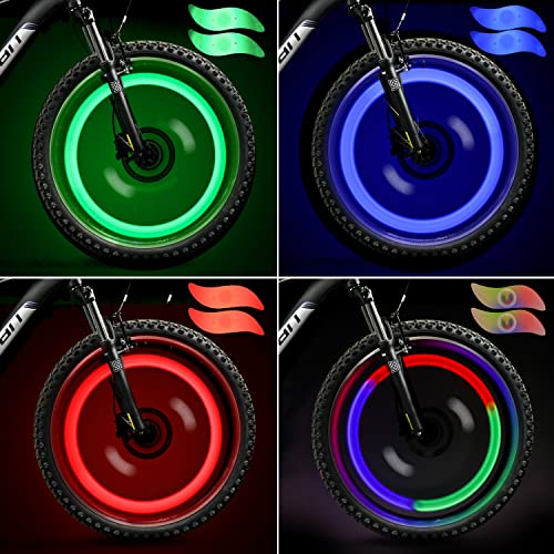 TAGVO 4pcs luz de radios de Bicicleta (rojo+verde+azul+multicolor) con caja delicada,luces de radios de rueda de fácil instalación resistentes al agua,lámpara LED de neón para llantas,3 modos de flash