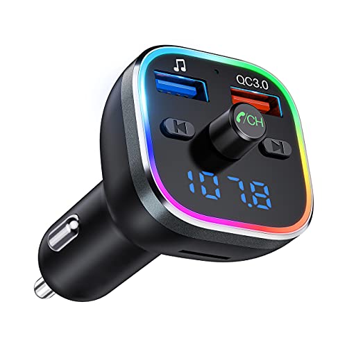 Transmisor FM Bluetooth Coche, [Luz de Anillo RGB], Adaptador Bluetooth para Coche, Inalámbrico Reproductor MP3 Mechero Coche Adaptador Receptor con Dual USB QC3.0 & 5V1A, Soporte Tarjetas SD + U Disk