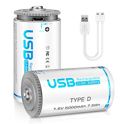 Vecukty D Size 2PCS LR20 Pilas Li-Ion Baterías Recargables 1.5V 5000mAh, Dos Maneras de Carga Tipo-C y Micro USB, NO Compatible con CR123A