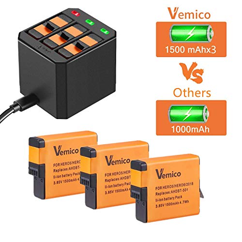 Vemico Hero 5 Cargador de Batería Kit 3x1500mAh Baterías de Repuesto y Cargador USB Tipo-C LED de 3 Canales para GoPro Hero 7 / Hero 6 / Hero 5/2018 / AHDBT-501