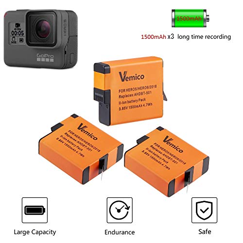 Vemico Hero 5 Cargador de Batería Kit 3x1500mAh Baterías de Repuesto y Cargador USB Tipo-C LED de 3 Canales para GoPro Hero 7 / Hero 6 / Hero 5/2018 / AHDBT-501