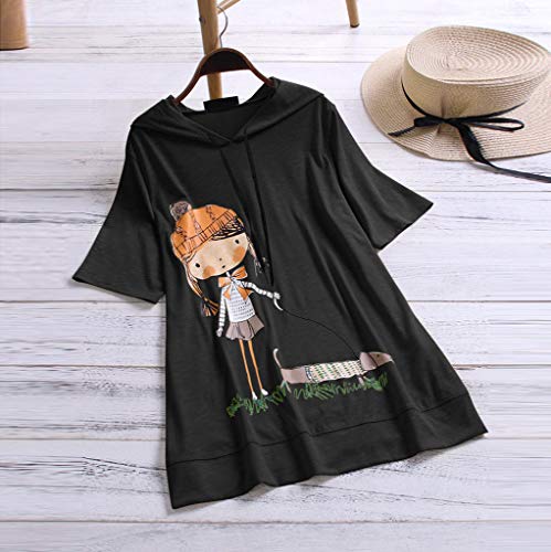 VEMOW Camiseta de Manga Corta con Capucha y Estampado de Dibujos Animados Casual para Mujer tamaño Extra Top Blusa(Negro,L)