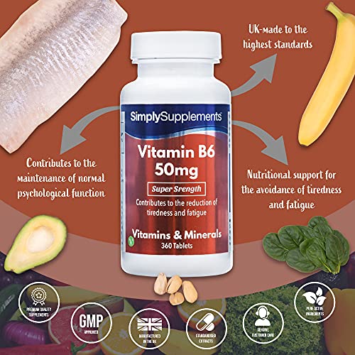 Vitamina B6 50mg - ¡Bote para 1 año! - Apto para veganos - 360 Comprimidos - SimplySupplements