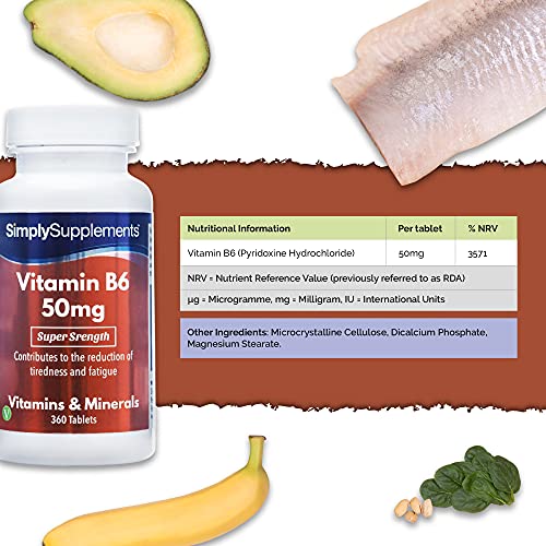 Vitamina B6 50mg - ¡Bote para 1 año! - Apto para veganos - 360 Comprimidos - SimplySupplements