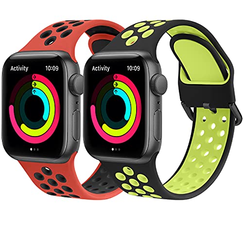 Wanme 2 Pack Correa Compatible con Apple Watch Correa 38mm 42mm 40mm 44mm, Coloridos Suave Silicona Pulseras de Repuesto para iWatch SE Series 6 5 4 3 2 1 (42mm/44mm, Rojo Negro+Negro Verde)